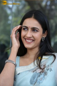 actress and producer Niharika Konidela in a light blue saree