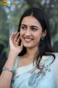 actress and producer Niharika Konidela in a light blue saree