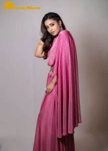 Actress Nivetha Pethuraj in a pink saree