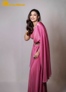 Actress Nivetha Pethuraj in a pink saree