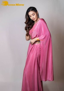 Actress Nivetha Pethuraj in a pink saree