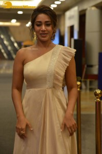 Nivetha Pethuraj in a shoulderless dress posing for photos