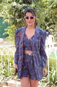 Actress Payal Rajput in Blue coat and matching shorts