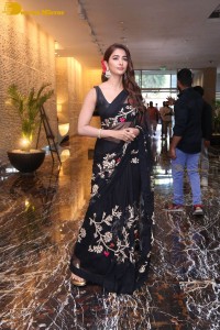 Pooja Hegde in a black saree while attending Acharya movie press meet