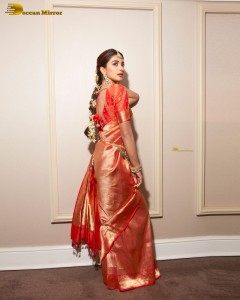 actress pooja hegde photoshoot in a red saree and jewelry