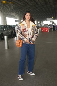 actress Pooja Hegde in denim jeans at mumbai airport