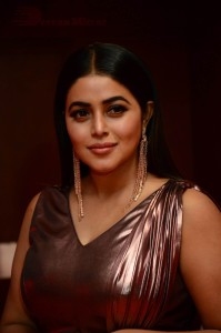 Actress Poorna in a shiny maroon dress