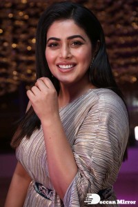 South Actress Poorna in a grey shiny dress