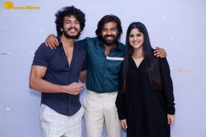 Telugu movie Premadesam press meet attended by actors Thrigun and Megha Akash