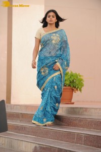 Telugu and Tamil Actress Priyamani in a blue saree during filming