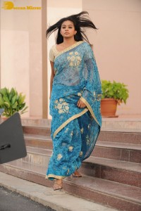 Telugu and Tamil Actress Priyamani in a blue saree during filming
