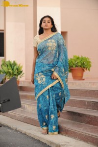 Telugu and Tamil Actress Priyamani in a blue saree during filming
