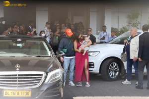 Priyanka Chopra and Nick Jonas at Kalina Airport with their daughter Malti Marie Chopra Jonas