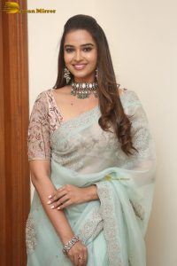 actress Pujita Ponnada ravishing in a transparent green saree
