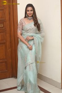 actress Pujita Ponnada ravishing in a transparent green saree