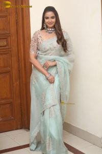 actress Pujita Ponnada ravishing in a transparent green saree