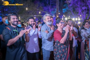 RRR Party hosted by Sri Venkateswara Creations was attended by Jr NTR, Ram Charan Teja and S.S. Rajamouli