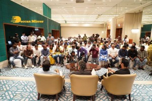 Ram Charan Teja, Jr NTR and SS Rajamouli at RRR Press Meet on March 15, 2022