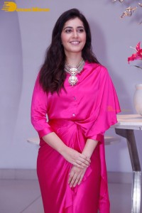 Raashi Khanna in a pink dress during a press meet