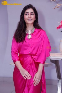 Raashi Khanna in a pink dress during a press meet