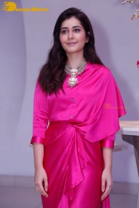 Raashi Khanna in a pink dress during a press meet
