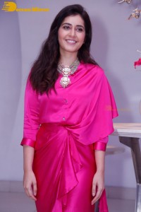 Raashi Khanna in a pink dress during a press meet