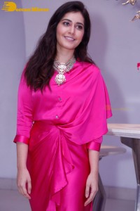 Raashi Khanna in a pink dress during a press meet