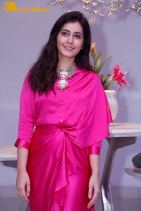 Raashi Khanna in a pink dress during a press meet