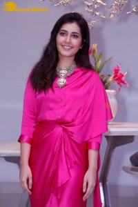 Raashi Khanna in a pink dress during a press meet
