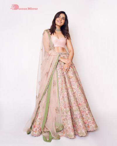 Actress Raashi Khanna in a pink lehenga choli dress
