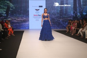 Rakul Preet Singh walks the ramp in a blue lehenga choli at the Bombay Times fashion week