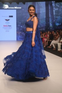Rakul Preet Singh walks the ramp in a blue lehenga choli at the Bombay Times fashion week