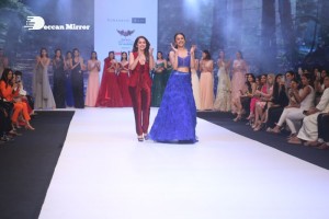 Rakul Preet Singh walks the ramp in a blue lehenga choli at the Bombay Times fashion week