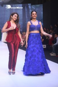 Rakul Preet Singh walks the ramp in a blue lehenga choli at the Bombay Times fashion week