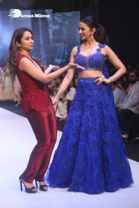 Rakul Preet Singh walks the ramp in a blue lehenga choli at the Bombay Times fashion week