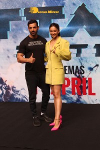 Actors John Abraham, Rakul Preet and Jacqueline Fernandez attend the trailer launch of their new movie ‘Attack’