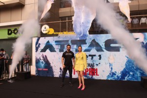 Actors John Abraham, Rakul Preet and Jacqueline Fernandez attend the trailer launch of their new movie ‘Attack’