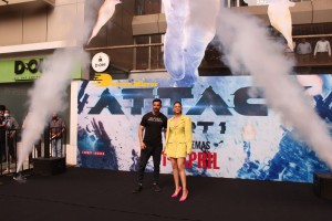 Actors John Abraham, Rakul Preet and Jacqueline Fernandez attend the trailer launch of their new movie ‘Attack’