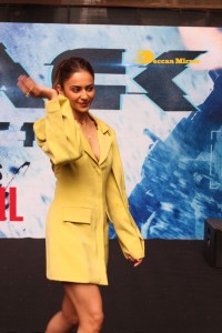 Actors John Abraham, Rakul Preet and Jacqueline Fernandez attend the trailer launch of their new movie ‘Attack’