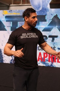 Actors John Abraham, Rakul Preet and Jacqueline Fernandez attend the trailer launch of their new movie ‘Attack’