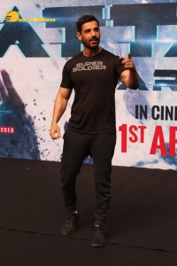 Actors John Abraham, Rakul Preet and Jacqueline Fernandez attend the trailer launch of their new movie ‘Attack’