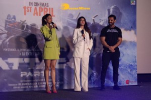 Actors John Abraham, Rakul Preet and Jacqueline Fernandez attend the trailer launch of their new movie ‘Attack’