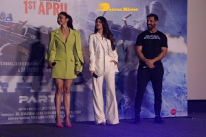 Actors John Abraham, Rakul Preet and Jacqueline Fernandez attend the trailer launch of their new movie ‘Attack’