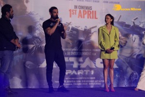 Actors John Abraham, Rakul Preet and Jacqueline Fernandez attend the trailer launch of their new movie ‘Attack’
