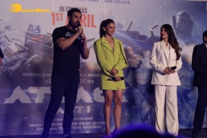 Actors John Abraham, Rakul Preet and Jacqueline Fernandez attend the trailer launch of their new movie ‘Attack’
