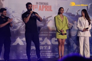 Actors John Abraham, Rakul Preet and Jacqueline Fernandez attend the trailer launch of their new movie ‘Attack’