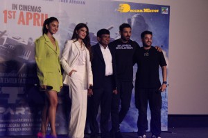 Actors John Abraham, Rakul Preet and Jacqueline Fernandez attend the trailer launch of their new movie ‘Attack’