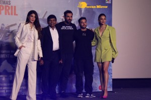 Actors John Abraham, Rakul Preet and Jacqueline Fernandez attend the trailer launch of their new movie ‘Attack’