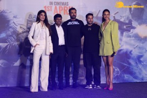 Actors John Abraham, Rakul Preet and Jacqueline Fernandez attend the trailer launch of their new movie ‘Attack’
