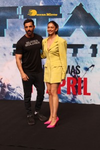 Actors John Abraham, Rakul Preet and Jacqueline Fernandez attend the trailer launch of their new movie ‘Attack’
